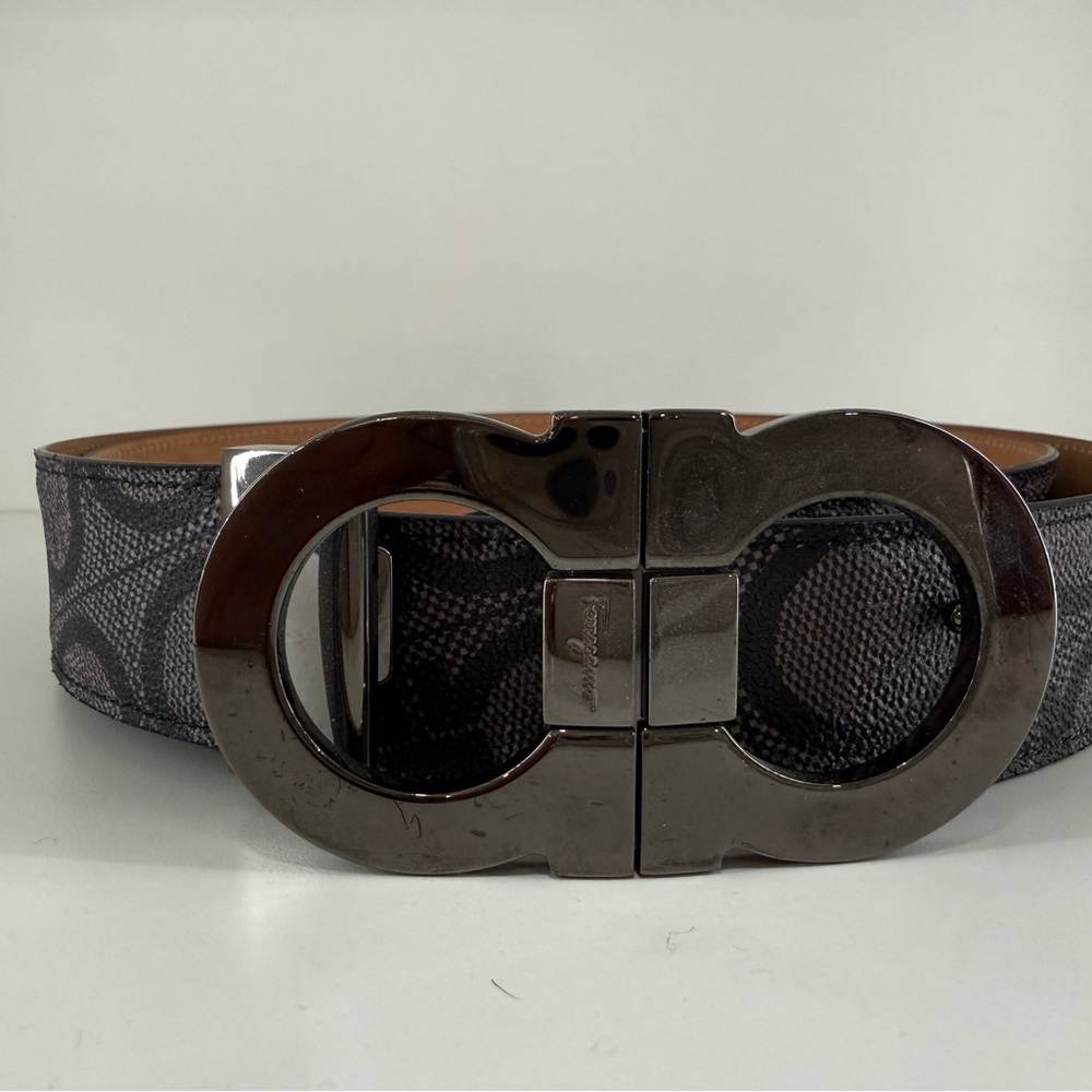 Salvatore Ferragamo Brown Canvas Signature Gancini Belt with Gunmetal Buckle - Picture 5 of 5